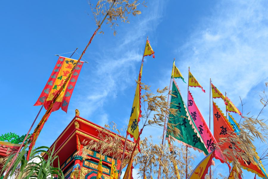 Bandiere tradizionali issate per il festival