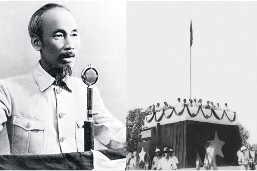 Il Presidente Ho Chi Minh legge la Dichiarazione d'Indipendenza in Piazza Ba Dinh (2 settembre 1945)