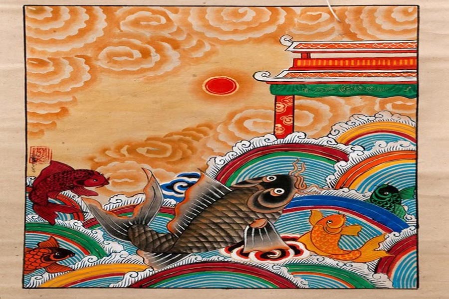 dipinti di dong ho: Carpa che contempla la luna