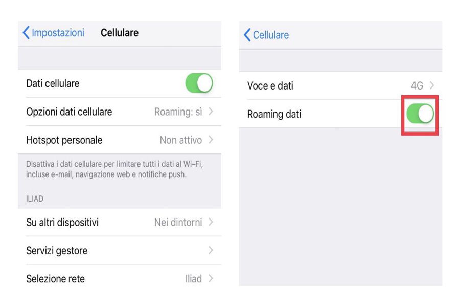 Attivare il roaming dati su telefoni IOS