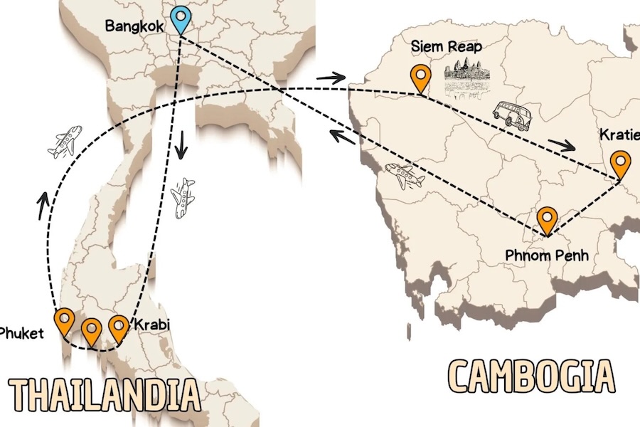 Mappa dell'itinerario di viaggio tra Thailandia e Cambogia