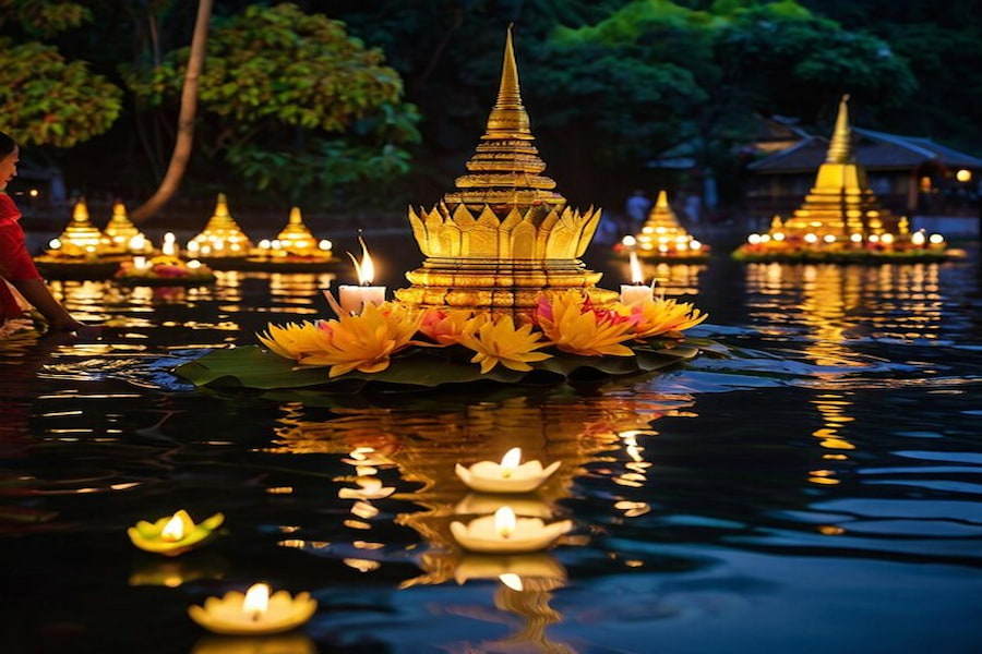 Riflessi delle lanterne sull'acqua durante il festival a Chiang Mai